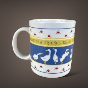 Dicksons Goose Mug Blue Hearts Folk Art Coffee Cup 1980s Make New Friends